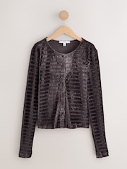 Chocolate Brown Velvet Long Sleeve Shirred Cardigan - Image 1 of 3