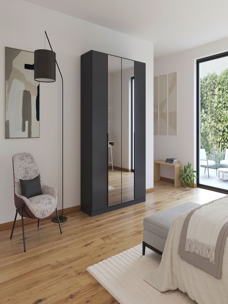 Rauch Metallic Grey Bayla Wood and Mirror Semi Fitted 4 Door Wardrobe - Image 1 of 6