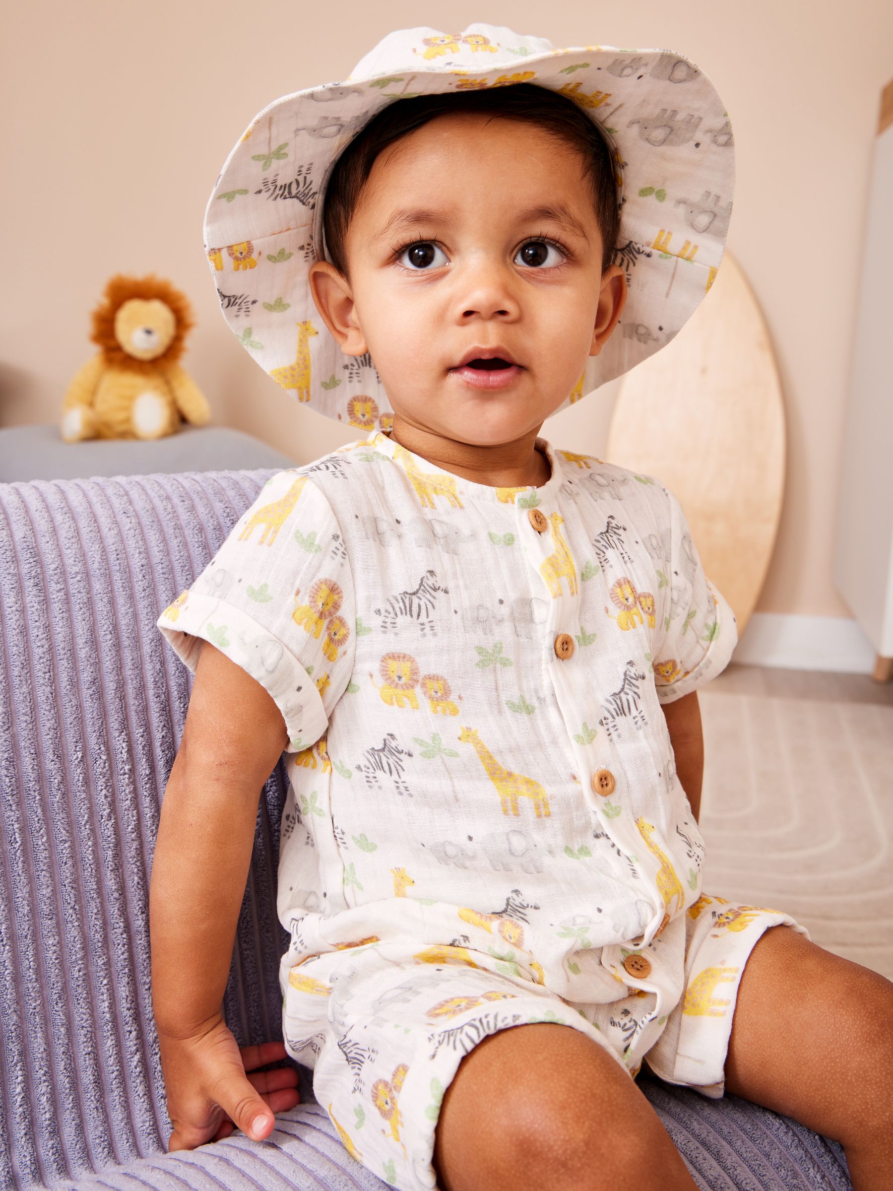 Jojo Maman Bébé Cream Safari Cheesecloth Romper & Hat Set