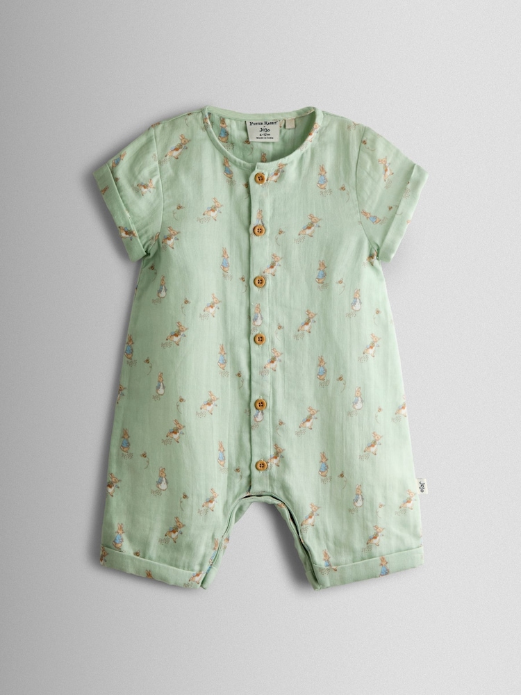 JoJo Maman Bébé Green Peter Rabbit™ Cheesecloth Romper - Image 2 of 4 JoJo Maman Bébé Green Peter Rabbit™ Cheesecloth Romper - Image 2 of 4