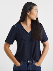 JD Williams Blue V-Neck Broderie T-Shirt - Image 1 of 4