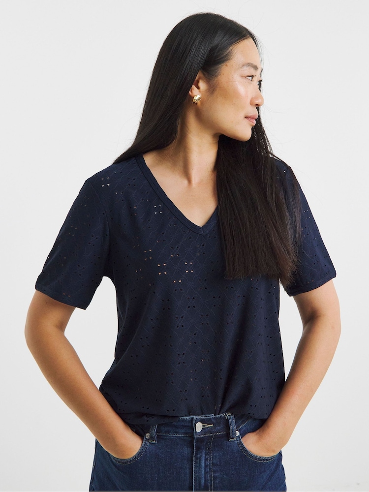 JD Williams Blue V-Neck Broderie T-Shirt - Image 1 of 4
