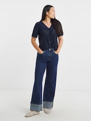 JD Williams Blue V-Neck Broderie T-Shirt - Image 3 of 4