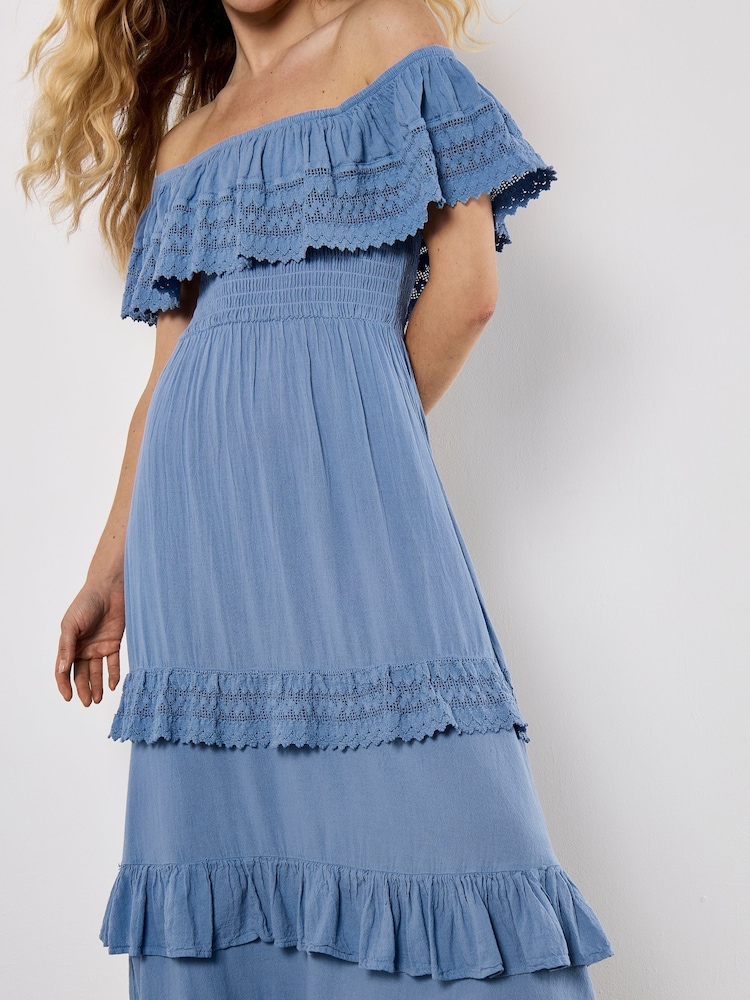 Apricot Blue Bardot Lace Detail Maxi Dress - Image 2 of 4