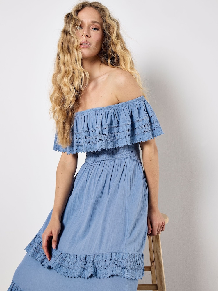 Apricot Blue Bardot Lace Detail Maxi Dress - Image 4 of 4