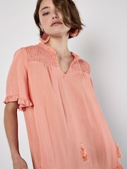 Apricot Red Smocking Tassel Tie Ruffle Top - Image 1 of 4