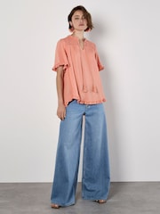 Apricot Red Smocking Tassel Tie Ruffle Top - Image 2 of 4