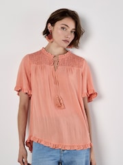 Apricot Red Smocking Tassel Tie Ruffle Top - Image 3 of 4