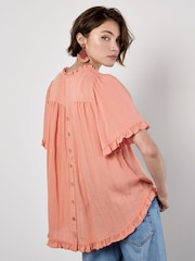 Apricot Red Smocking Tassel Tie Ruffle Top - Image 4 of 4