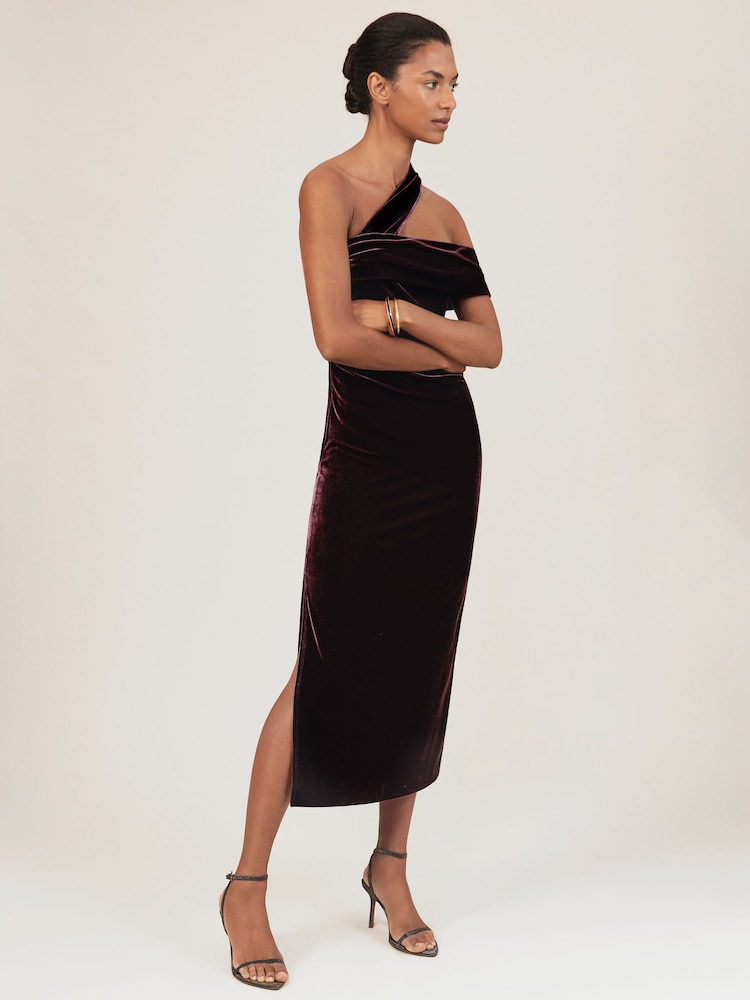 Reiss Burgundy Dalia Petite Velvet One-Shoulder Midi Dress - Image 1 of 7 Reiss Burgundy Dalia Petite Velvet One-Shoulder Midi Dress - Image 1 of 7