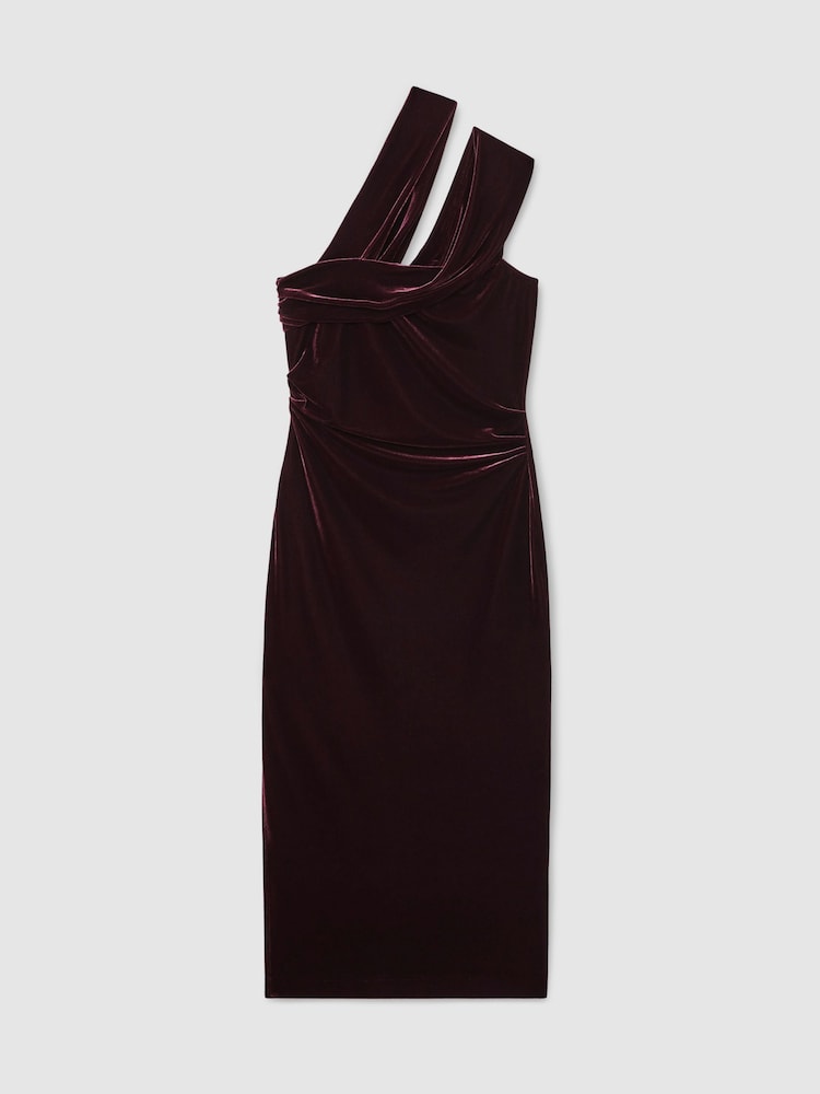 Reiss Burgundy Dalia Petite Velvet One-Shoulder Midi Dress - Image 2 of 7 Reiss Burgundy Dalia Petite Velvet One-Shoulder Midi Dress - Image 2 of 7