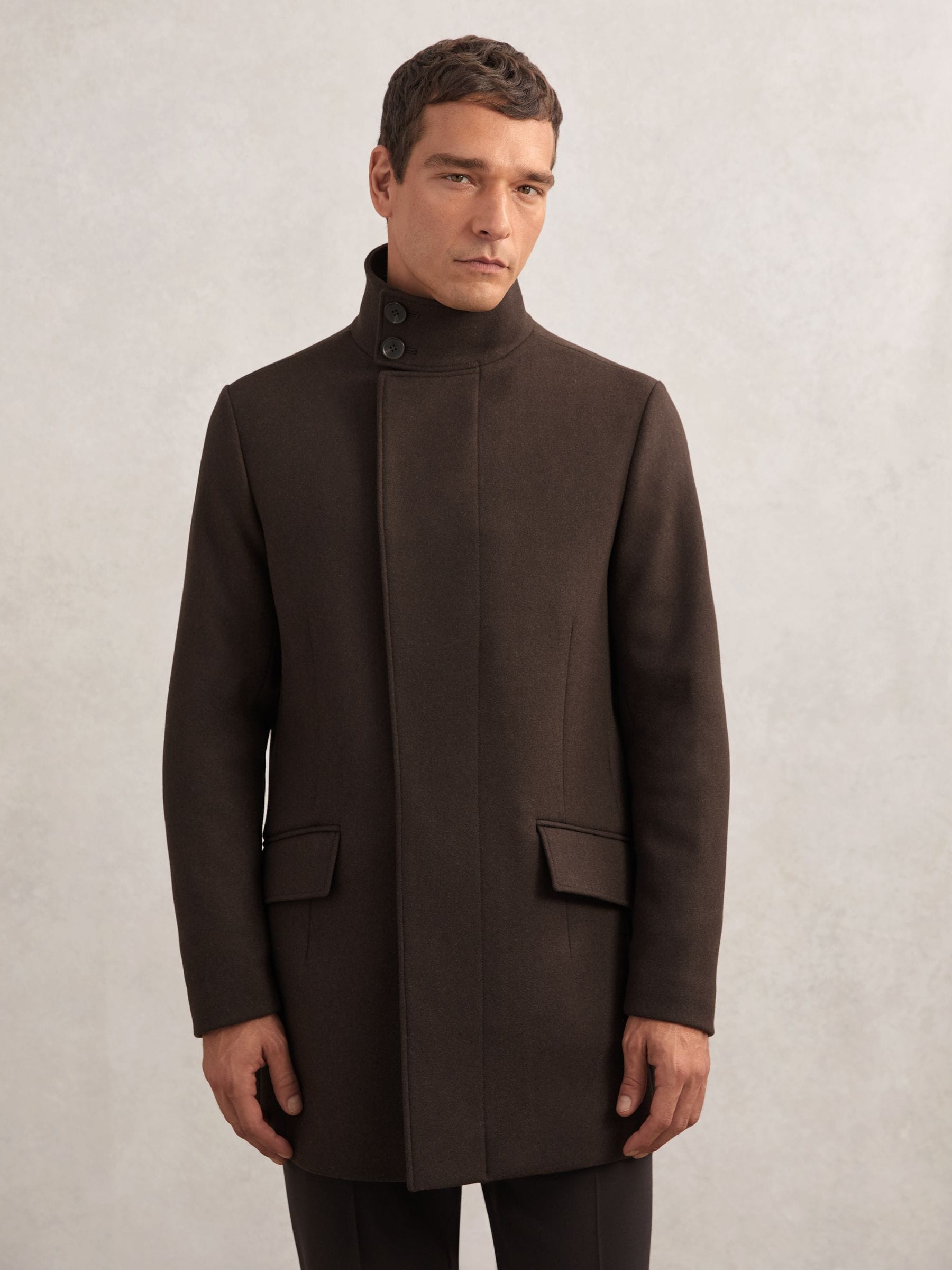 Mandarin Collar Wool Stand Collar Coat Reiss Brown Wool-Blend