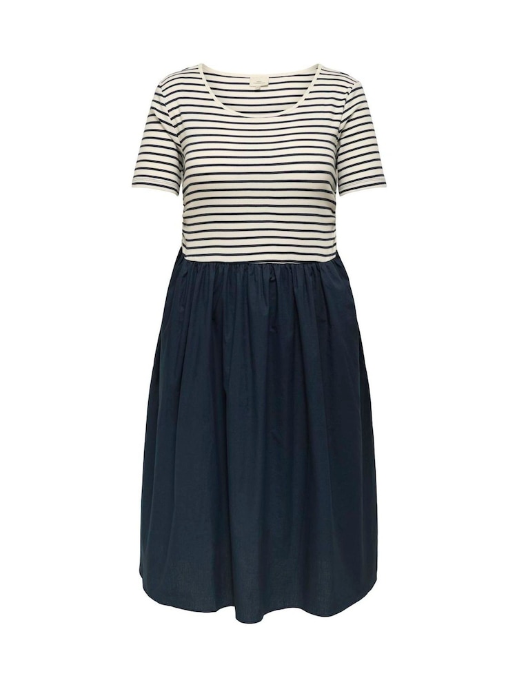 ONLY Curve White 2 In 1 Mixed Stripe Short Sleeve Midi Dress - Image 1 of 2