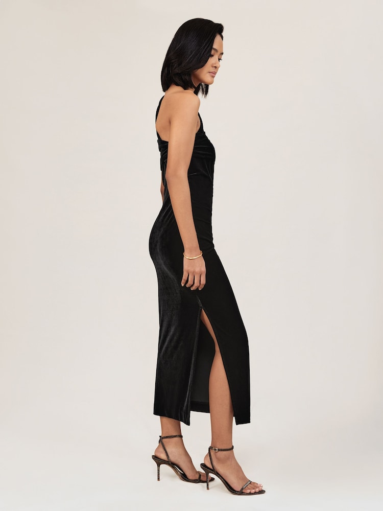 Reiss Black Dalia Petite Velvet One-Shoulder Midi Dress - Image 1 of 6 Reiss Black Dalia Petite Velvet One-Shoulder Midi Dress - Image 1 of 6