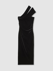 Reiss Black Dalia Petite Velvet One-Shoulder Midi Dress - Image 2 of 6