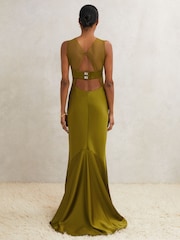 Reiss Green Opi Atelier Satin Sheer-Panel Maxi Dress - Image 5 of 7