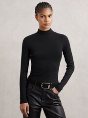 Reiss Black Polly Stretch-Cotton Funnel-Neck Top - Image 1 of 6