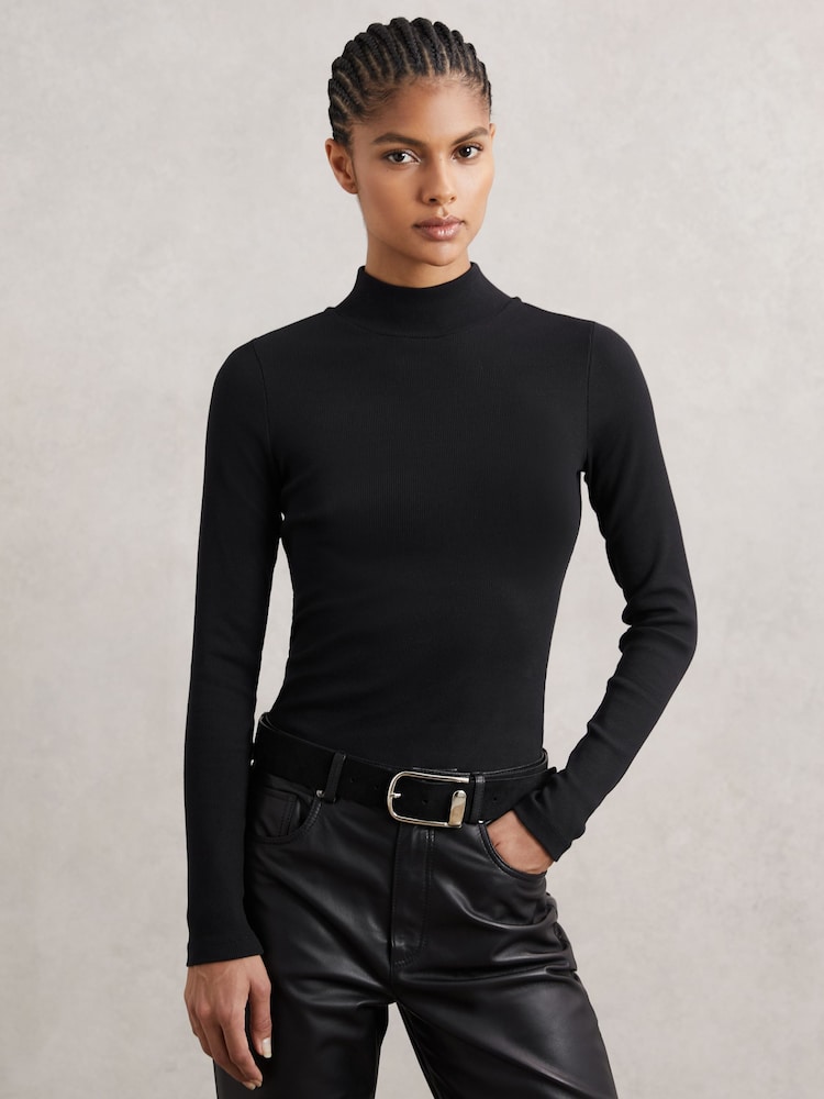 Reiss Black Polly Stretch-Cotton Funnel-Neck Top - Image 1 of 6