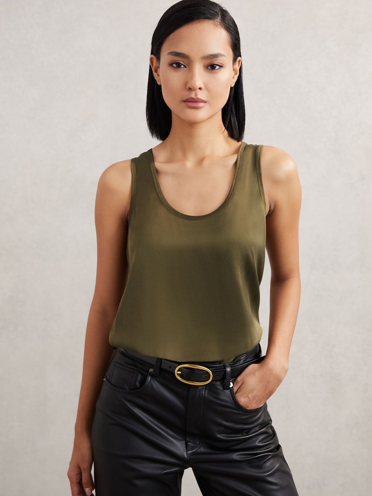 Reiss Khaki Green Ruby Silk-Front Cami Top - Image 1 of 7