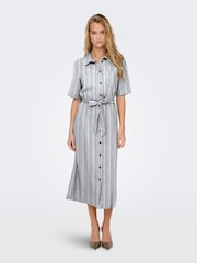 ONLY Blue Stripe Linen Mix Belted Midi Shirt Dress - Image 1 of 4