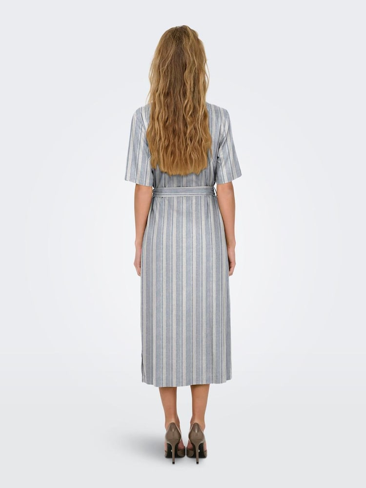 ONLY Blue Stripe Linen Mix Belted Midi Shirt Dress - Image 2 of 4