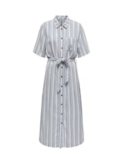 ONLY Blue Stripe Linen Mix Belted Midi Shirt Dress - Image 3 of 4