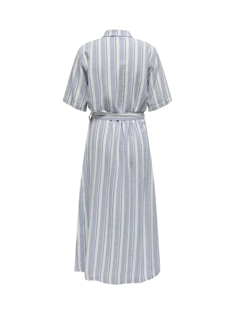 ONLY Blue Stripe Linen Mix Belted Midi Shirt Dress - Image 4 of 4