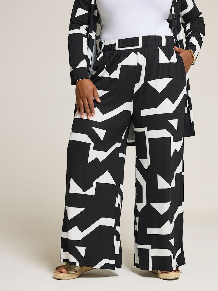 Yours Curve Black Abstract Print Trousers - Image 1 of 6 Yours Curve Black Abstract Print Trousers - Image 1 of 6