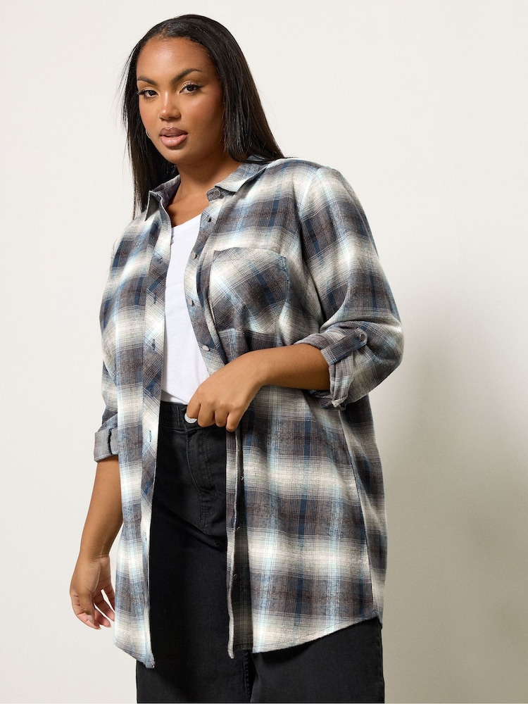 Yours Curve Blue Boyfriend Check Shirt - Image 1 of 5