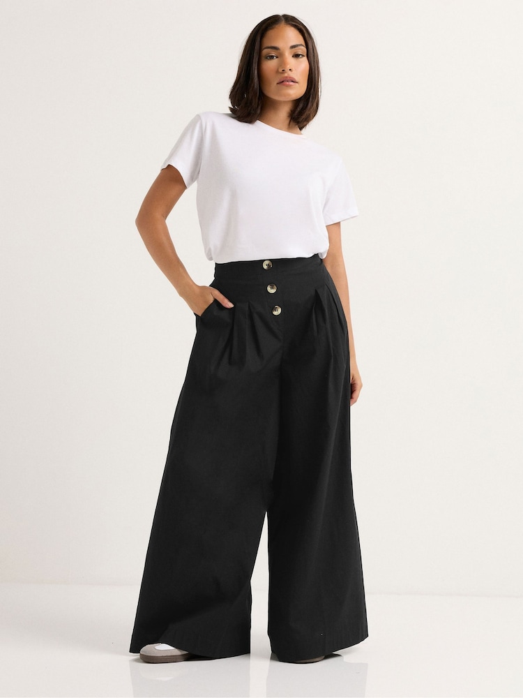 PixieGirl Petite Black Petite Button Front Palazzo Trousers - Image 1 of 5