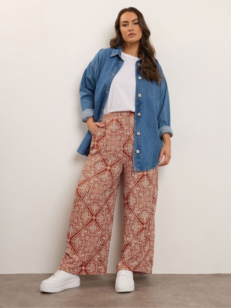 Yours Curve Brown Wide Fit Crinkle Wide Leg Trousers - Image 2 of 5