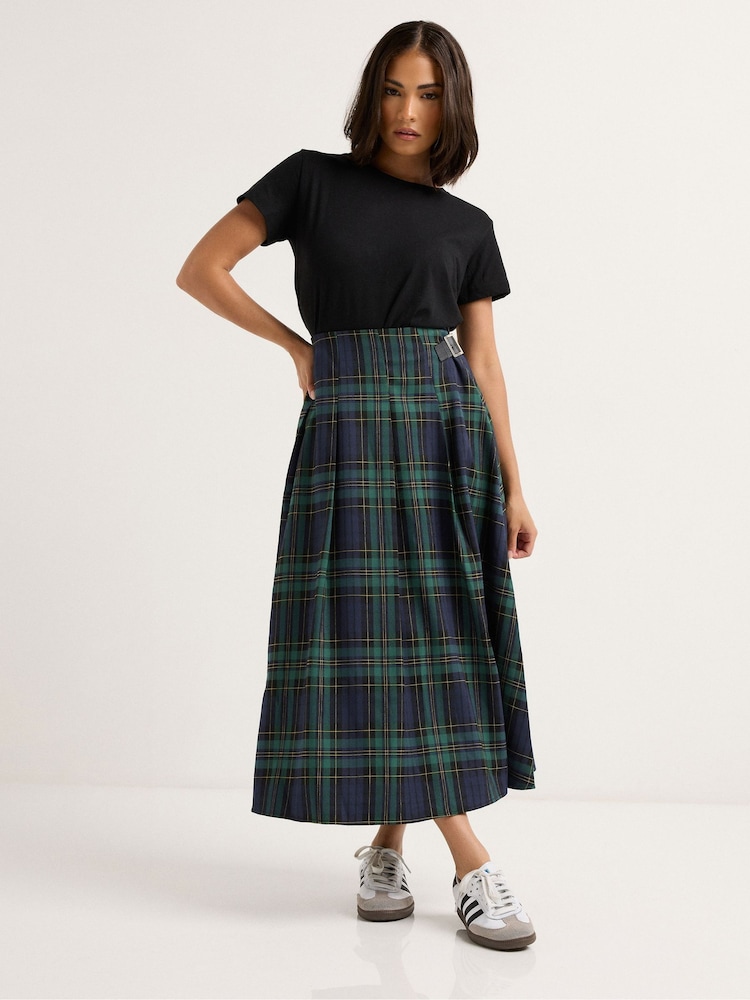 PixieGirl Petite Blue Check Buckle Midi Skirt - Image 1 of 6 PixieGirl Petite Blue Check Buckle Midi Skirt - Image 1 of 6