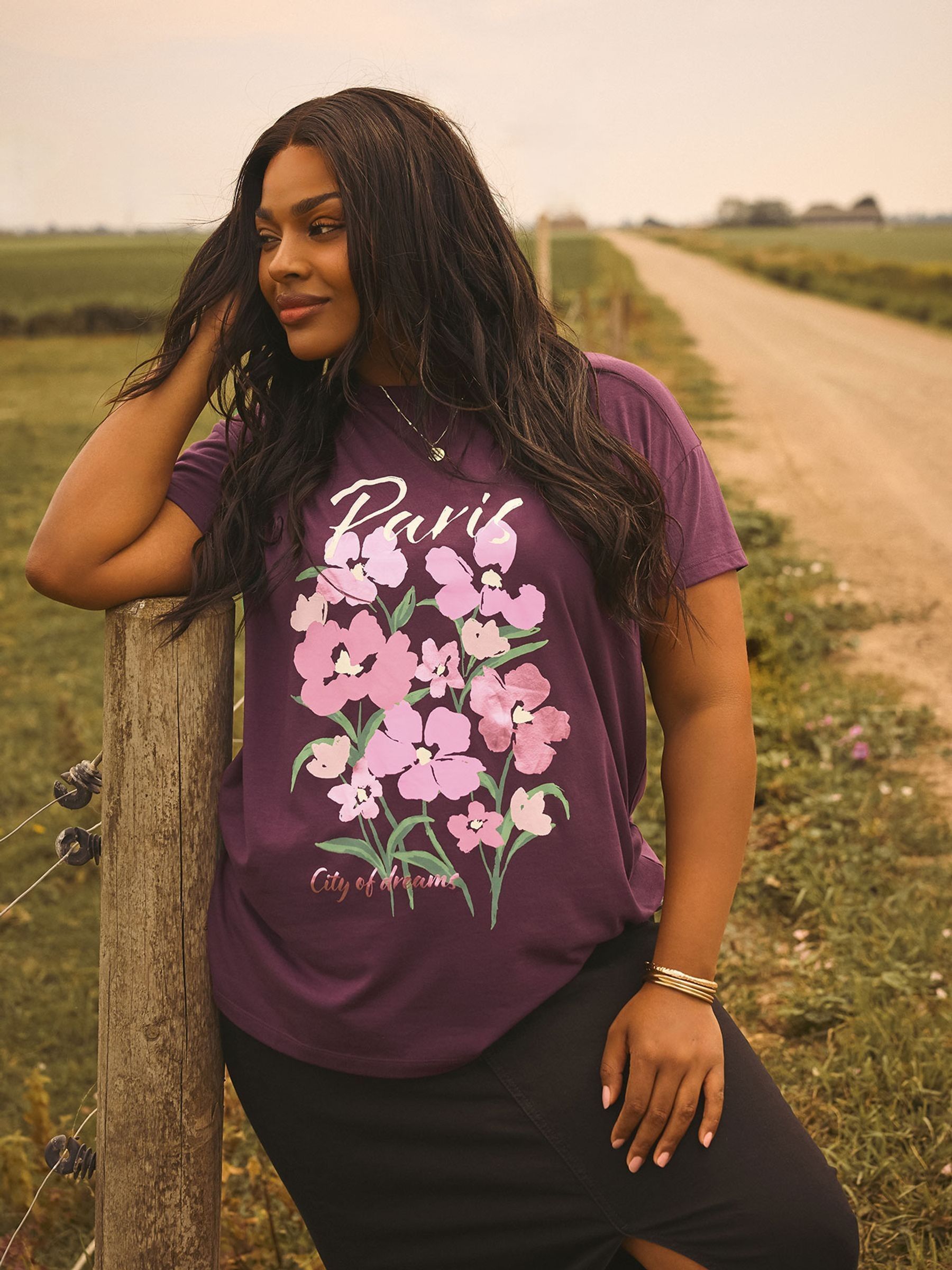 Yours Curve Purple Dreams Placement T-Shirt