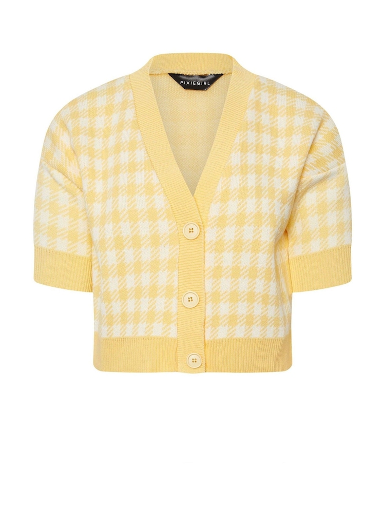 PixieGirl Petite Yellow Short Sleeve Gingham Cardigan - Image 5 of 5
