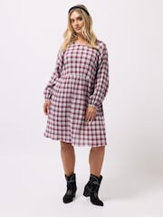 Yours Curve Pink Textured Smock Check Dress - Image 1 of 6