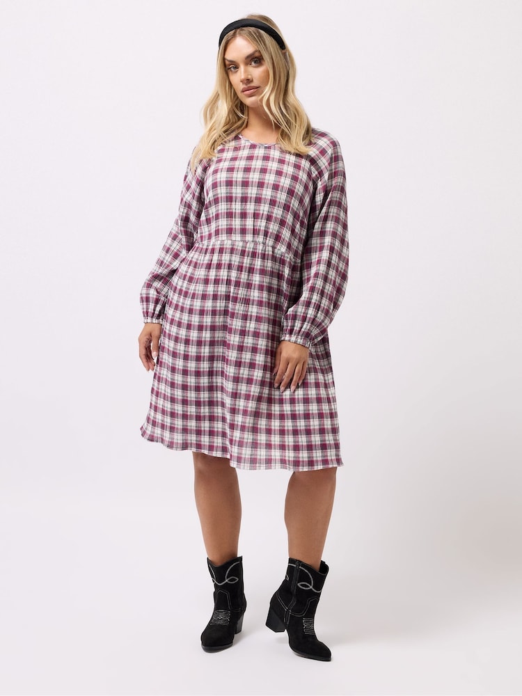 Yours Curve Pink Textured Smock Check Dress - Image 1 of 6