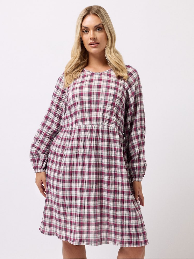 Yours Curve Pink Textured Smock Check Dress - Image 2 of 6