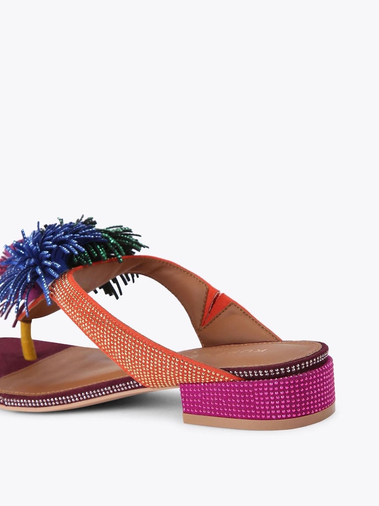 Kurt Geiger London Red Pom Pom T-bar Flat Sandals - Image 4 of 4