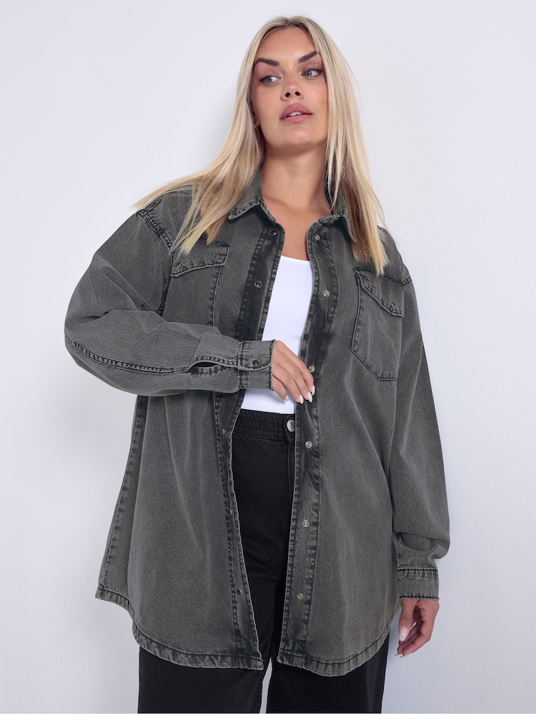 Yours Curve Black Western Denim Shirt - Image 1 of 5 Yours Curve Black Western Denim Shirt - Image 1 of 5