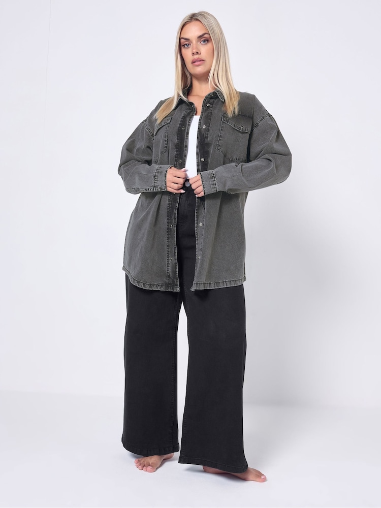 Yours Curve Black Western Denim Shirt - Image 2 of 5 Yours Curve Black Western Denim Shirt - Image 2 of 5