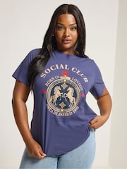 Yours Curve Blue Social Placement Set In Sleeve T-Shirt - Image 1 of 5