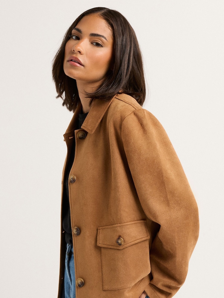PixieGirl Petite Brown Suedette Patch Pocket Jacket - Image 1 of 5
