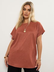 Yours Curve Brown Textured Grown On Sleeve T-Shirt - Image 1 of 9