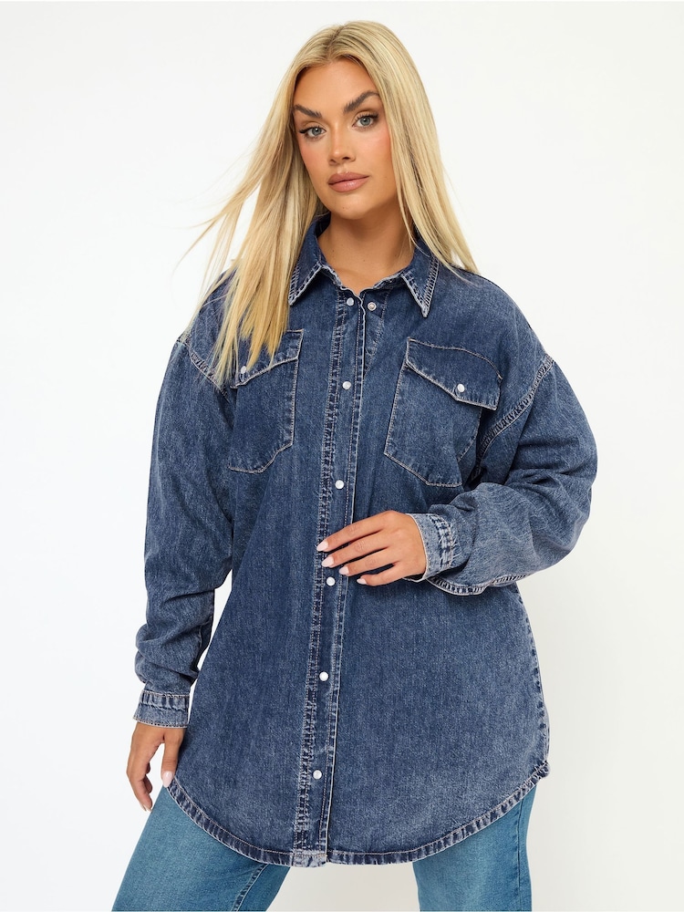 Yours Curve Blue Western Denim Shirt - Image 1 of 6 Yours Curve Blue Western Denim Shirt - Image 1 of 6