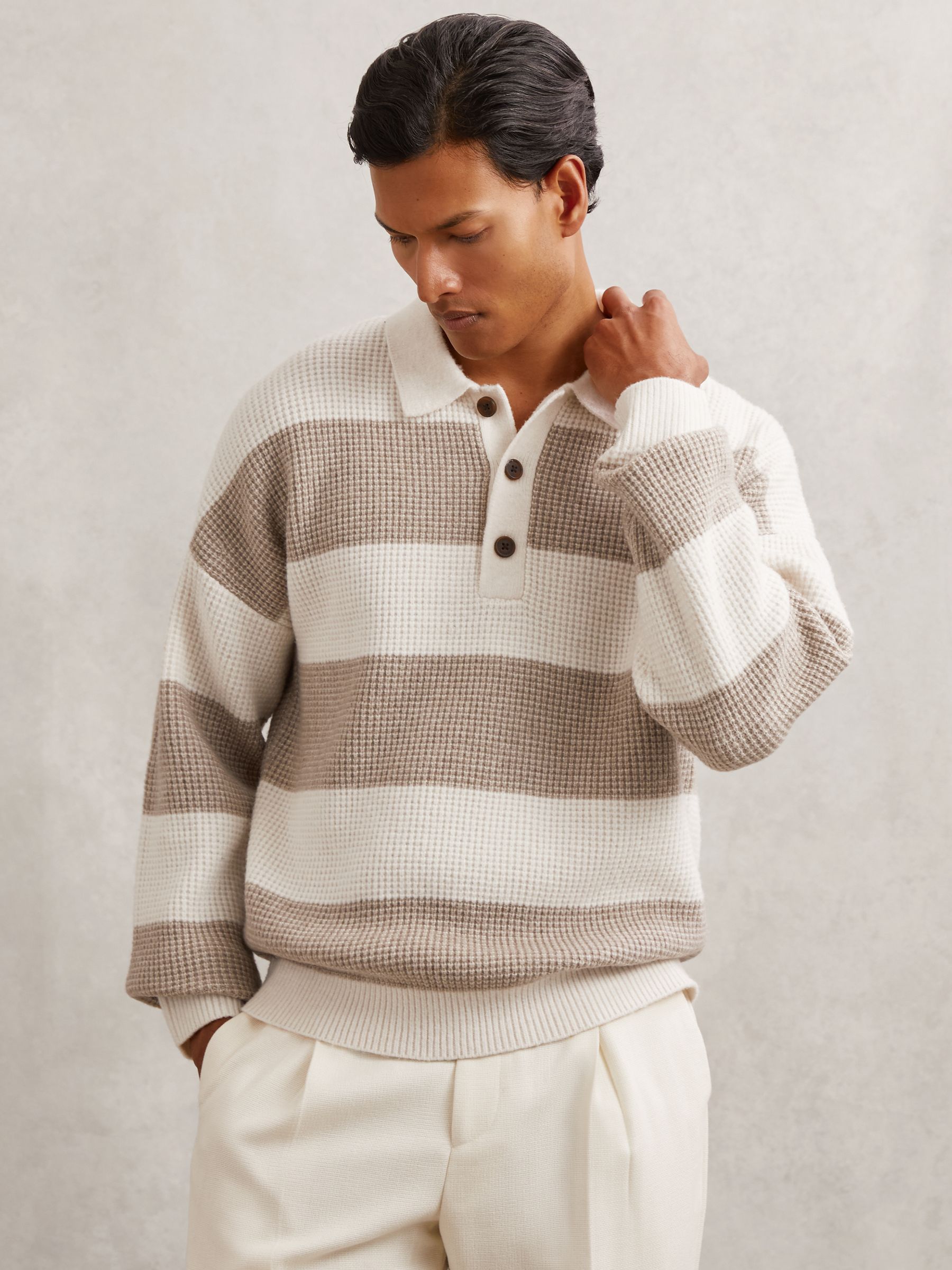 Buy Reiss Off White/Putty Horice Waffle-Knit Stripe Half-Button Buy Reiss Off White/Putty Horice Waffle-Knit Stripe Half-Button