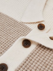 Off White/Putty - Reiss Horice Waffle-Knit Stripe Half-Button Jumper with Wool - Imagen 7 de 7
