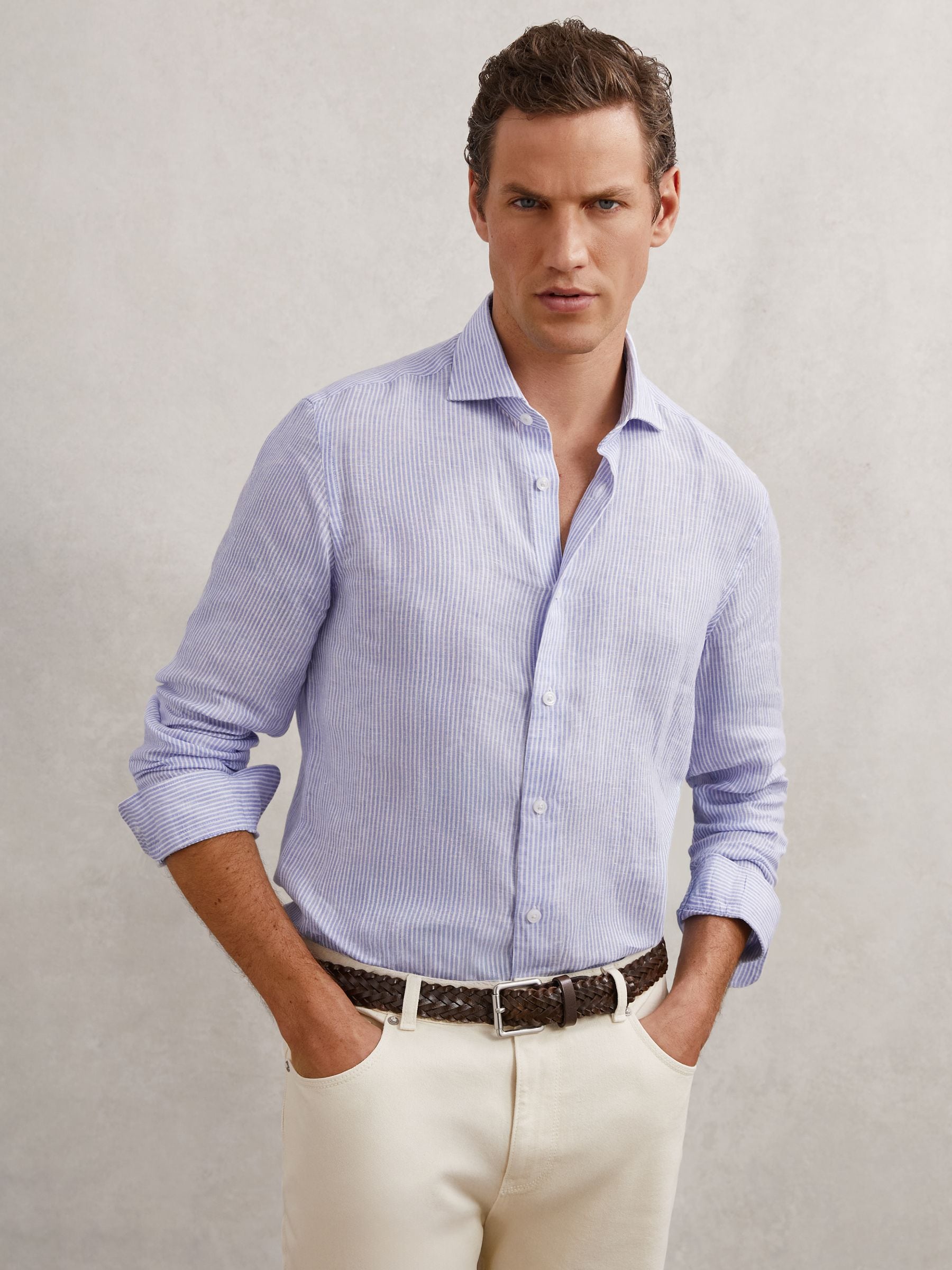 Buy Reiss Bengal Blue White Ruban Linen Stripe Long-Sleeve Shirt