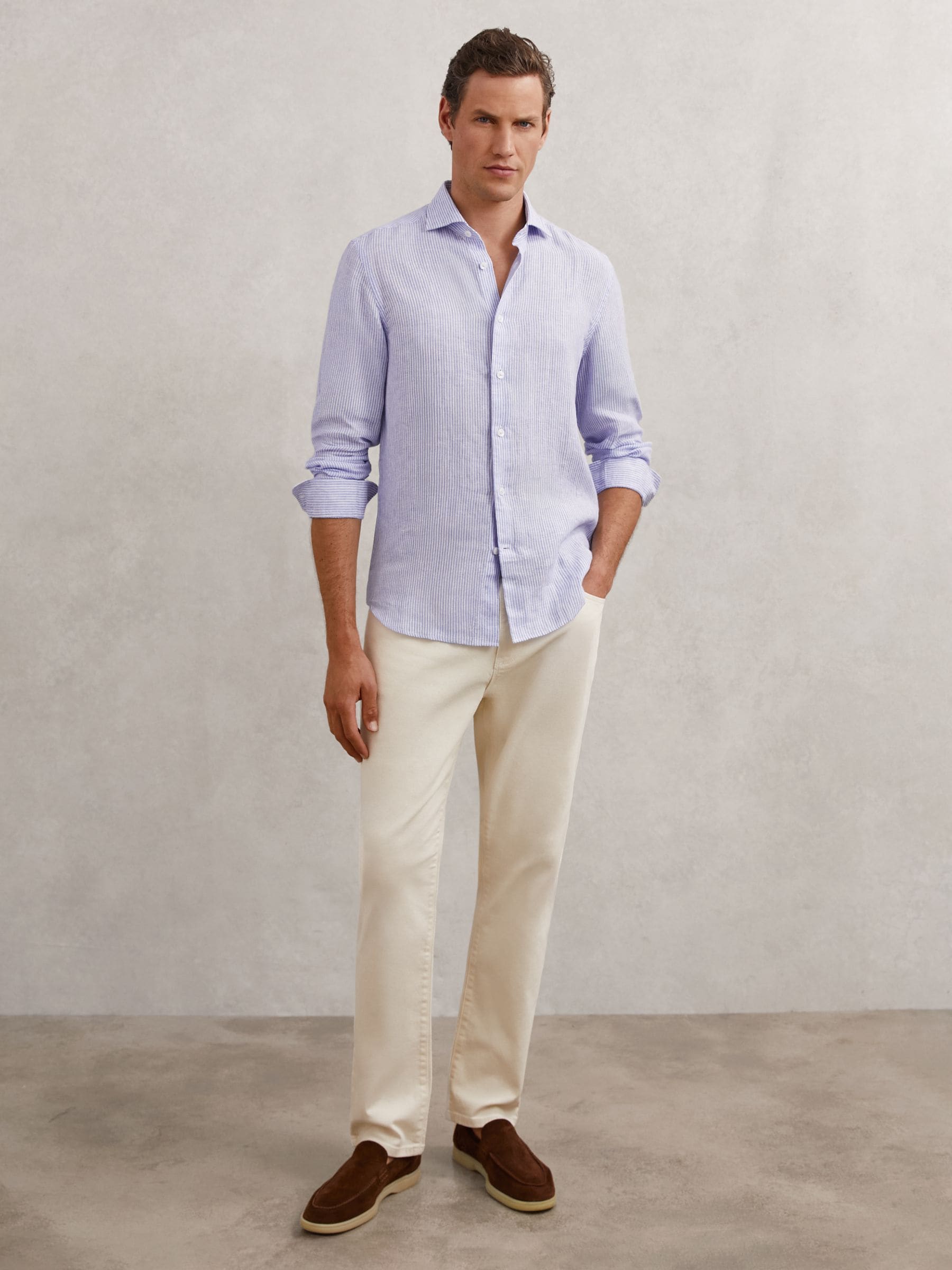 Buy Reiss Bengal Blue White Ruban Stripe Linen Stripe Long-Sleeve