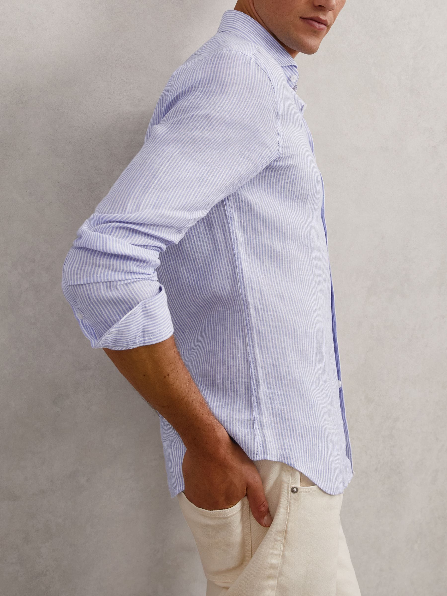 Buy Reiss Bengal Blue White Ruban Linen Stripe Long-Sleeve Shirt