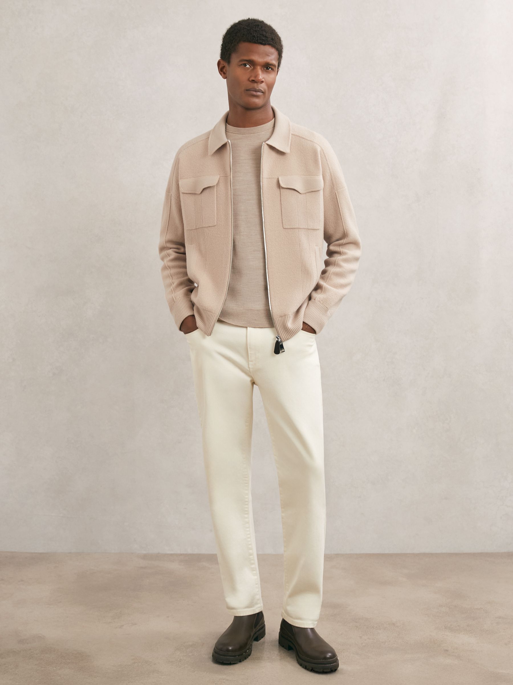 Buy Reiss Soft Camel Brown Calder Boiled Wool Twin-Pocket Cardigan
